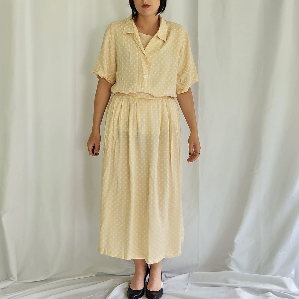 90s Tan and White Rayon Polka Dot Skirt and Top Set